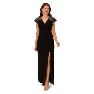 Adrianna Papell Black Beaded Flutter Sleeve Maxi Dress Front Slit Evening Gown 4